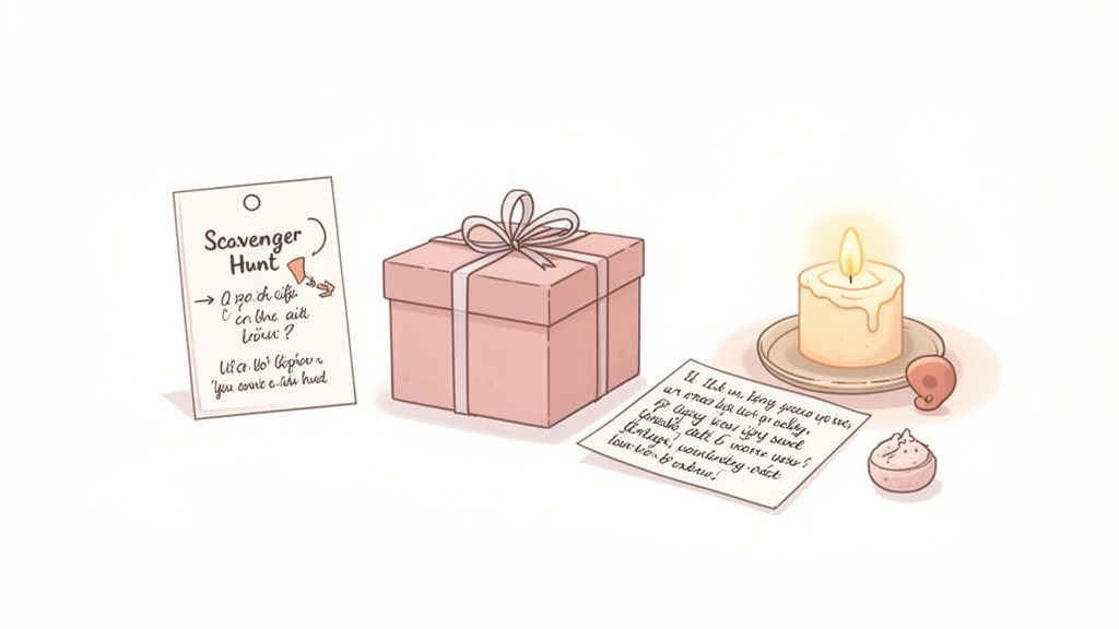 Illustration of a romantic scavenger hunt with a pink gift, candle, and handwritten notes.