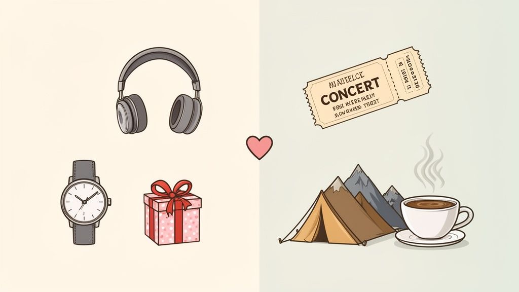 A split image with a heart, showing headphones, a watch, a gift box, a concert ticket, camping, and coffee.