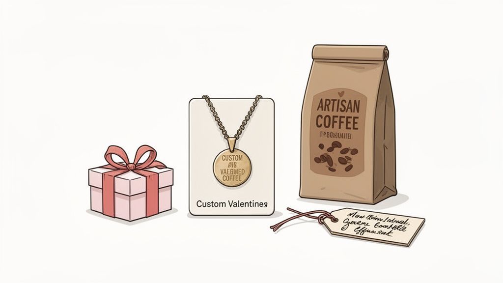 A light pink gift box with a red ribbon, a gold necklace, a coffee bag, and a tag.