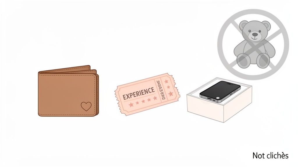 Illustrative image showing a wallet, an experience ticket, a smartphone, and a crossed-out teddy bear, representing non-cliché gift ideas.