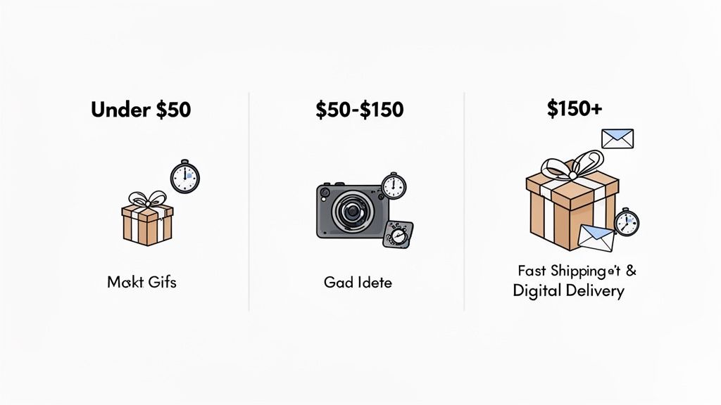 Three columns categorizing gifts by price: under $50, $50-$150, and $150+, with icons for gifts and delivery.