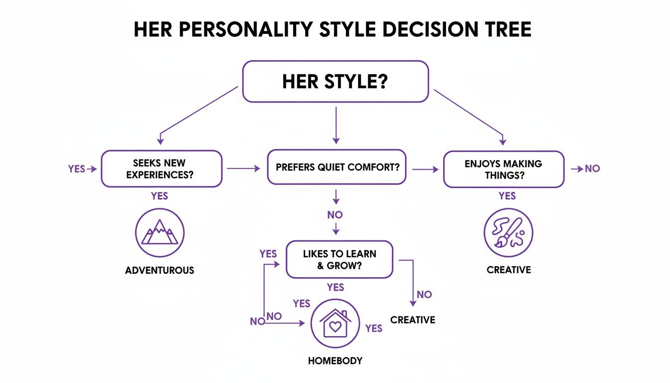 A personality style decision tree outlining paths to Adventurous, Homebody, or Creative styles.