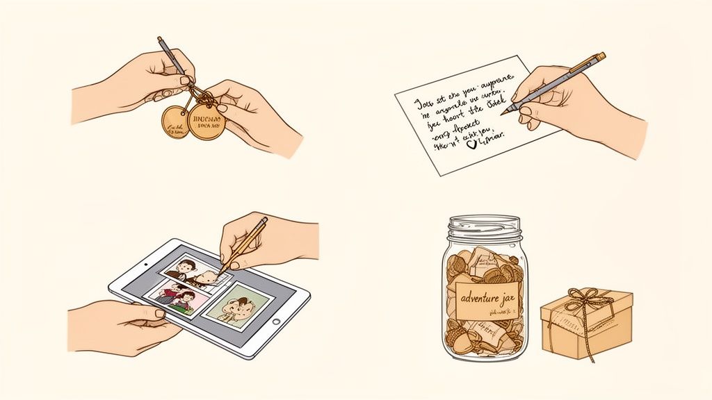 Hands creating heartfelt, personalized gifts: keychains, a handwritten letter, digital photos, and an 'adventure jar'.