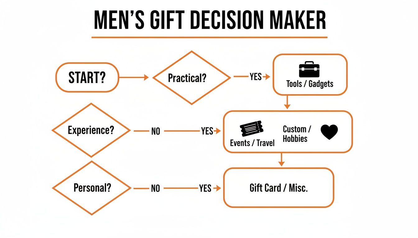 Flowchart guiding gift decisions for men based on practicality, experiences, or personal preferences.