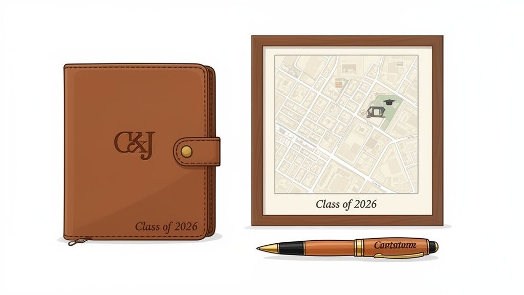 Personalized graduation gifts: a brown leather notebook, a framed map, and an engraved pen for Class of 2026.
