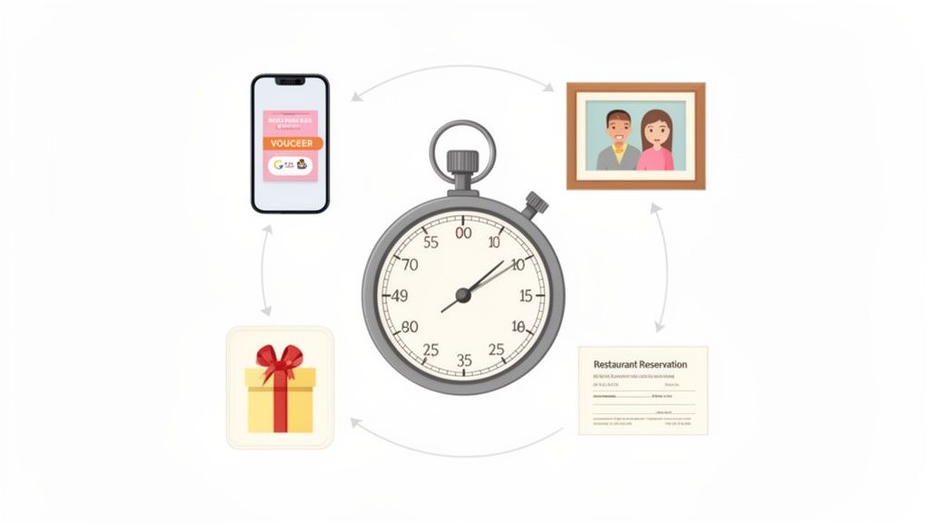 Circular diagram showing a gift planning process with a stopwatch, voucher, couple photo, and reservation.