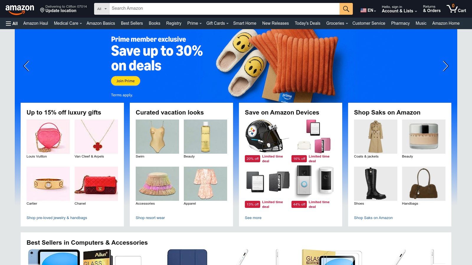 A screenshot of the Amazon website showcasing various Valentine's Day gift deals and categories like "Gifts under $50" and "Top gifts from small businesses".