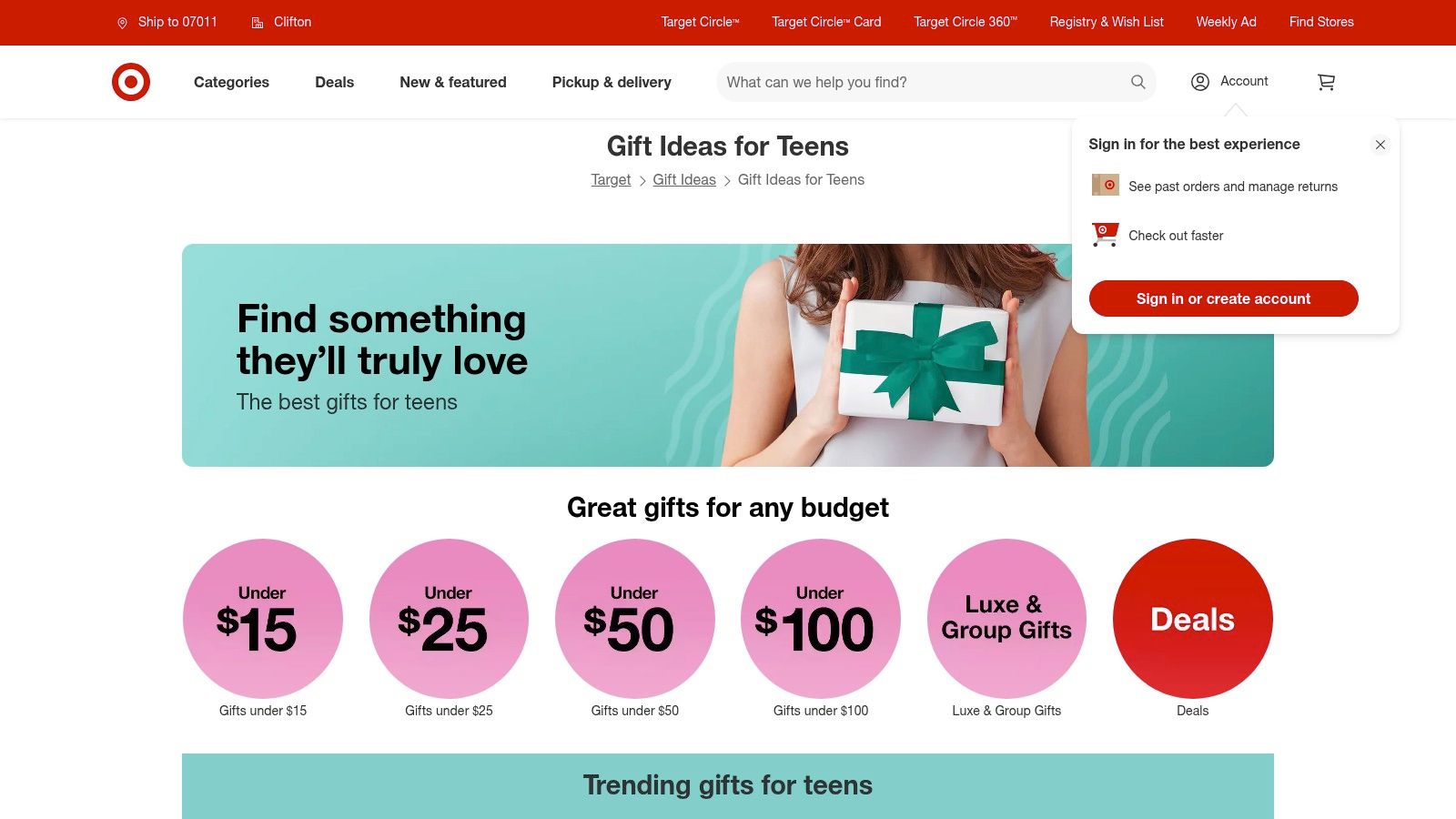 A screenshot of Target's website showing various gift categories like "Trending Gifts," "Beauty," and "Gaming" for teenagers.