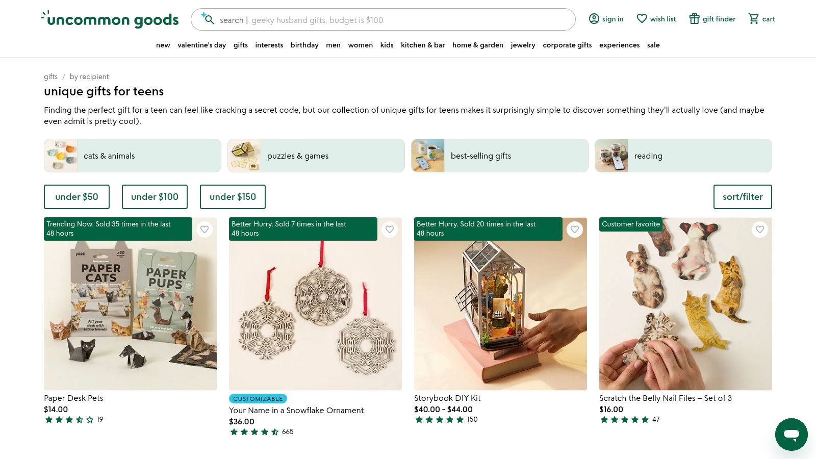 A screenshot of the Uncommon Goods website showcasing unique gifts for teens, including a bubble tea kit and a custom comic book.