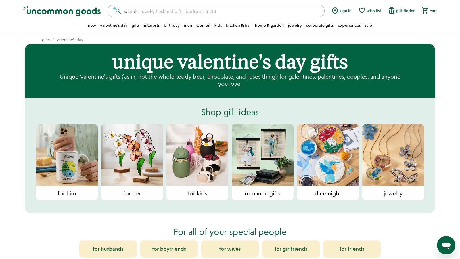 Uncommon Goods website showing a Valentine's Day gift guide with categories like "Best Sellers," "Personalized Gifts," and "Gifts Under $50."