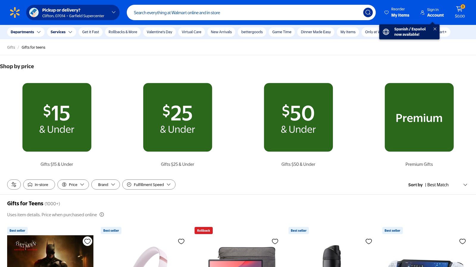 A screenshot of Walmart's website showing various gifts for teens, including electronics, gaming consoles, and personal care items.