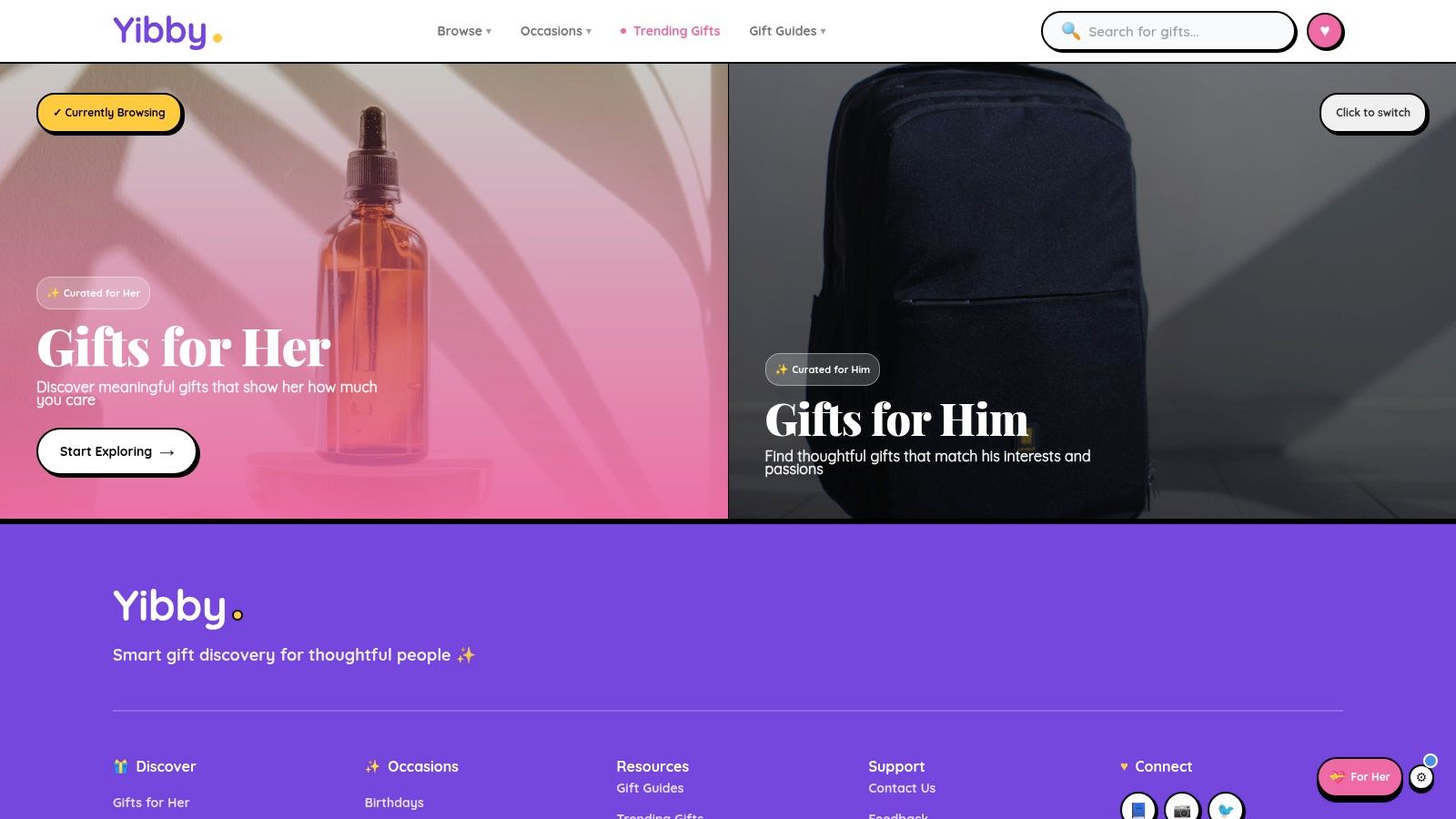 A screenshot of the Yibby website showing a curated gift idea with a description and 'buy' button.