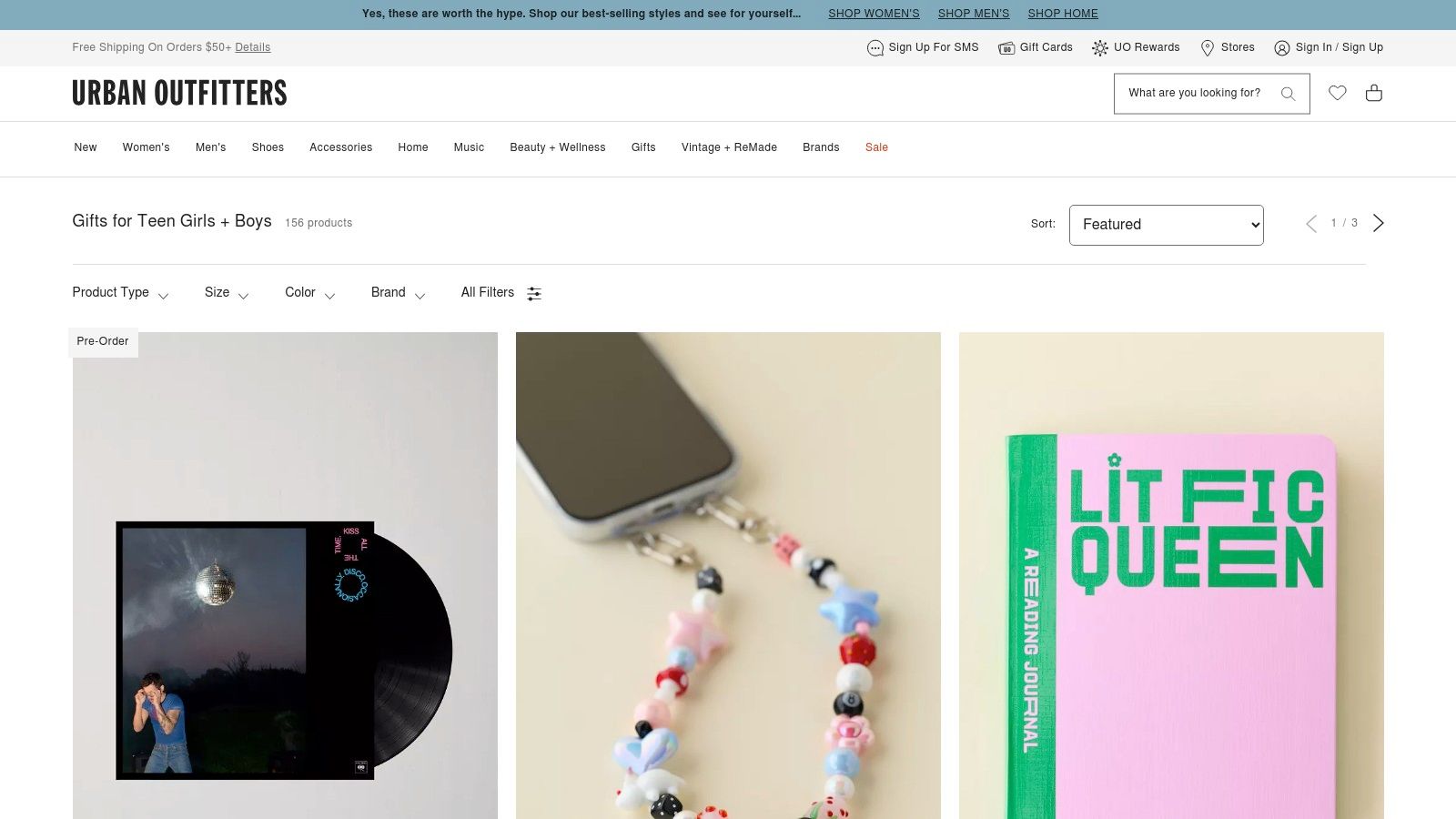 A screenshot of the Urban Outfitters website showcasing various teen gift ideas, including trendy apparel, accessories, and room decor.