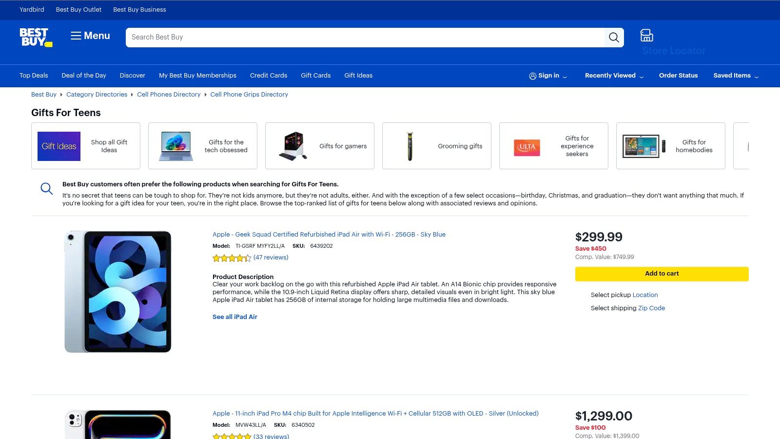 A screenshot of Best Buy's website showing curated tech gift categories for teenagers, including gaming accessories, headphones, and portable speakers.