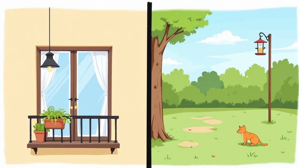 Rysunek przedstawiający balkon z roślinami i okno oraz zielony ogród z drzewem, karmnikiem i kotem.