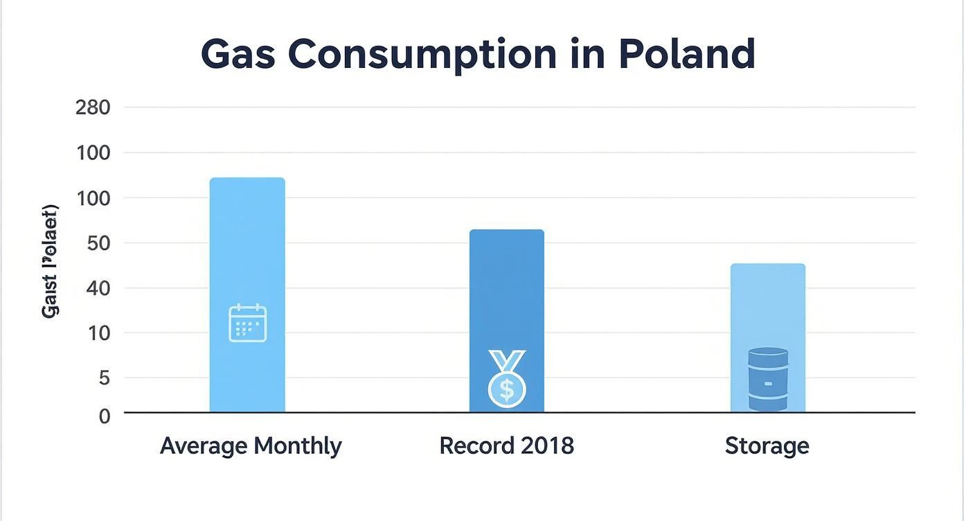 Wykres słupkowy: zużycie gazu w Polsce. Średnie miesięczne, rekord 2018 oraz pojemność magazynów gazu.