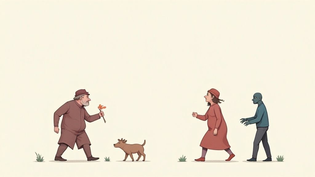 Ilustracja przedstawiająca ludzi różnych pokoleń spacerujących w przeciwnych kierunkach z psem na tle beżowego tła