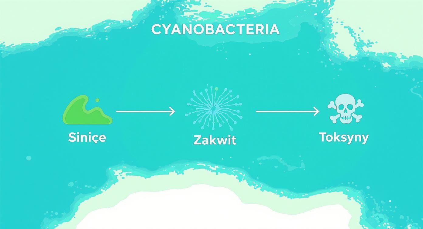 Infografika przedstawiająca cykl sinic: od bakterii, przez zakwit, do toksyn, z napisem 'CYANOBACTERIA'.