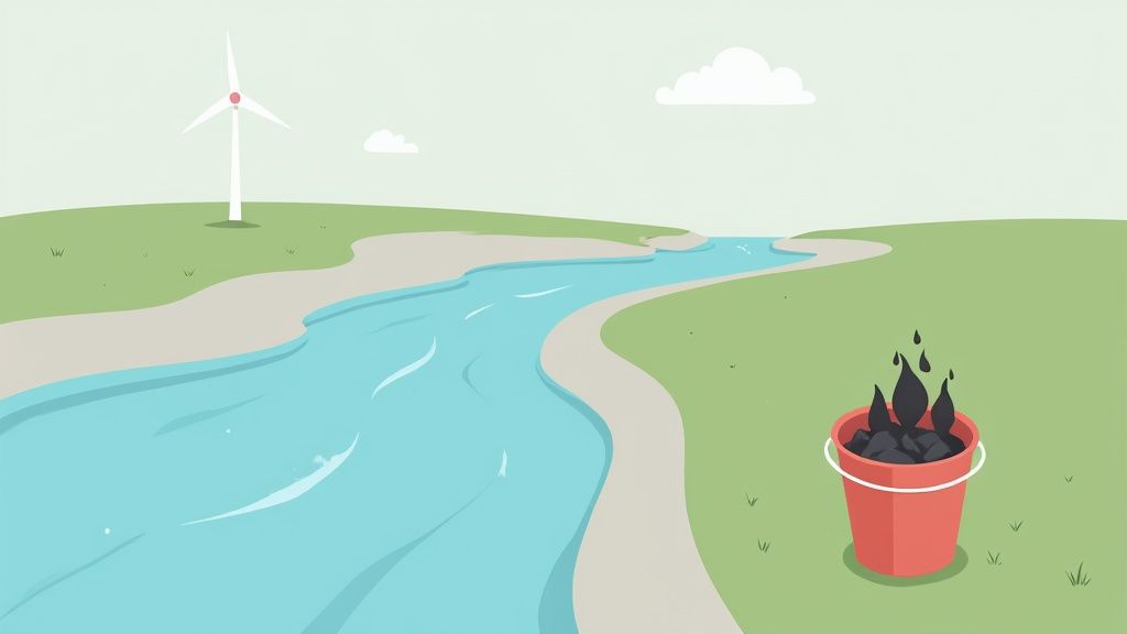 Wiatraki i panele słoneczne na tle błękitnego nieba symbolizujące OZE