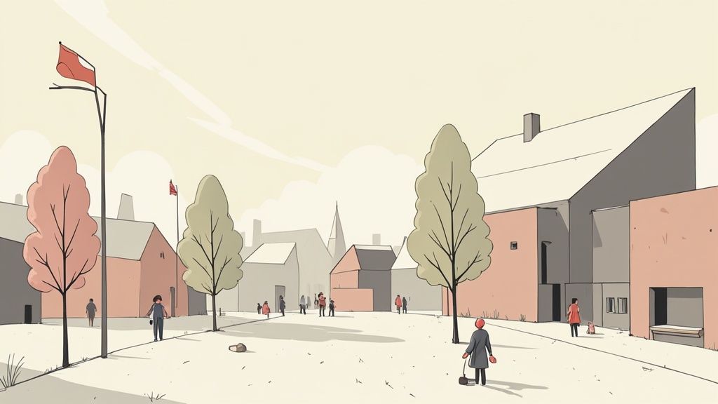 Futurystyczne miasto w Polsce, łączące nowoczesną architekturę z elementami zieleni i wody