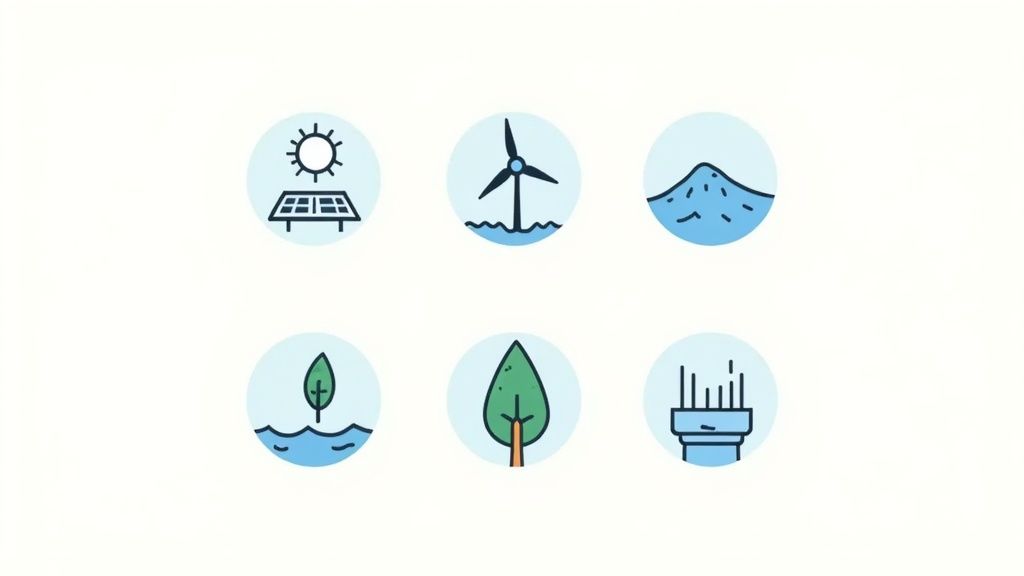 Różne rodzaje odnawialnych źródeł energii przedstawione na jednej ilustracji – słońce, wiatr, woda, biomasa.