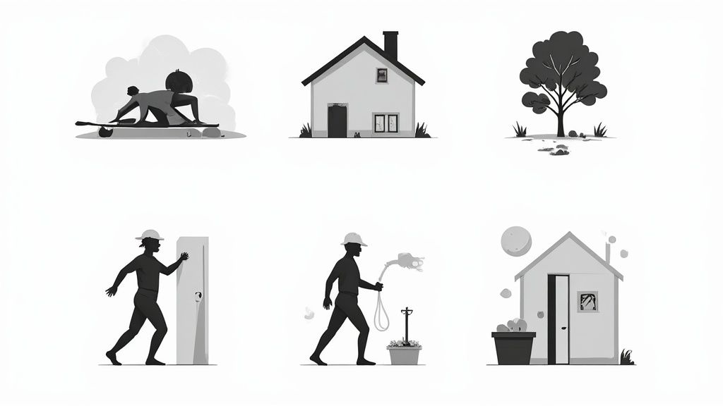Ilustracja przedstawiająca sześć scen: pies na deskorolce, dom, drzewo, osoba przy drzwiach, osoba podlewająca rośliny i mały domek