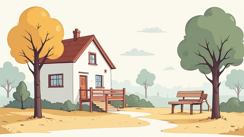 Ilustracja małego domu z jesiennym drzewem i ławką w spokojnej wiejskiej scenerii