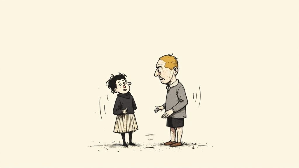 Rysunek przedstawiający dorosłego mężczyznę z blond włosami i dużą miną rozmawiającego z młodą osobą o ciemnych włosach.
