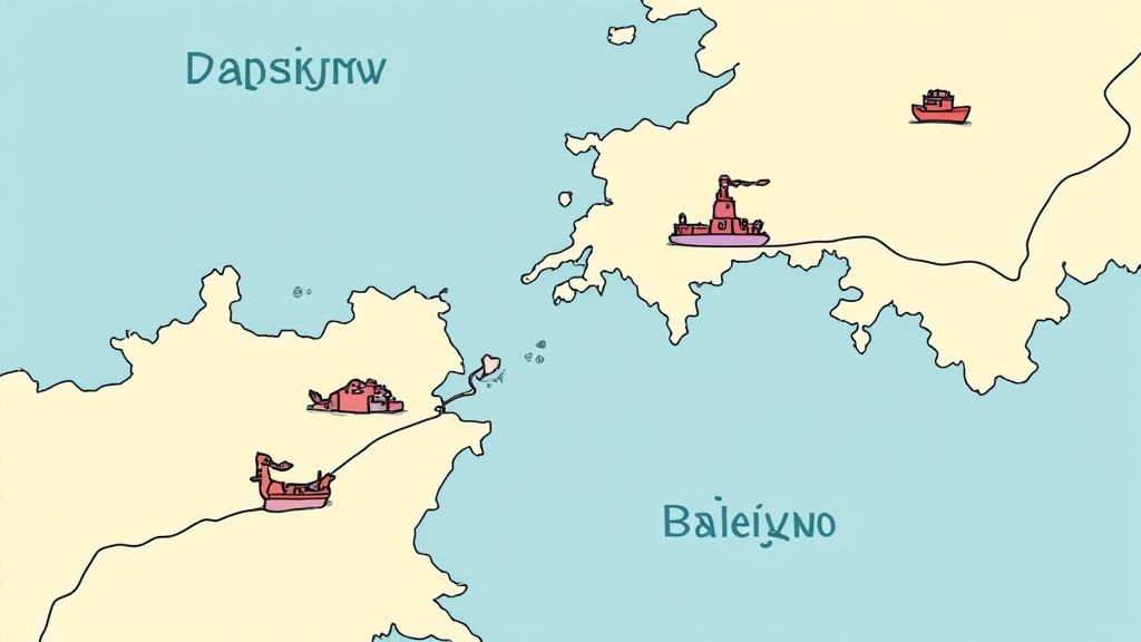 Kreskówkowa mapa z dwoma lądami, cieśniną, statkami oraz napisami Dapskymw i Baleiyko.