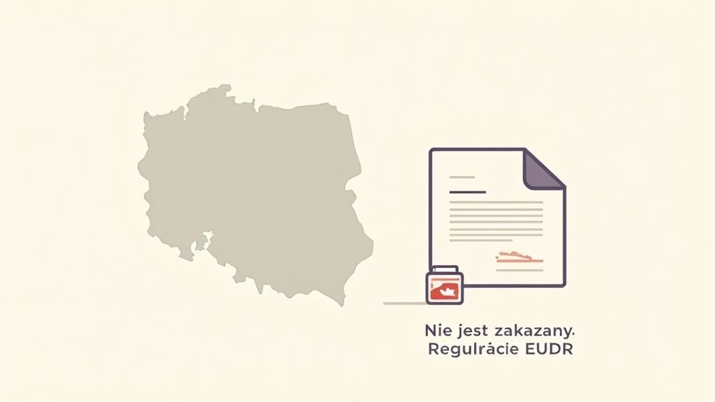 Grafika: Mapa Polski obok dokumentu z tekstem 'Nie jest zakazany. Regulacje EUDR' i ikoną produktu.