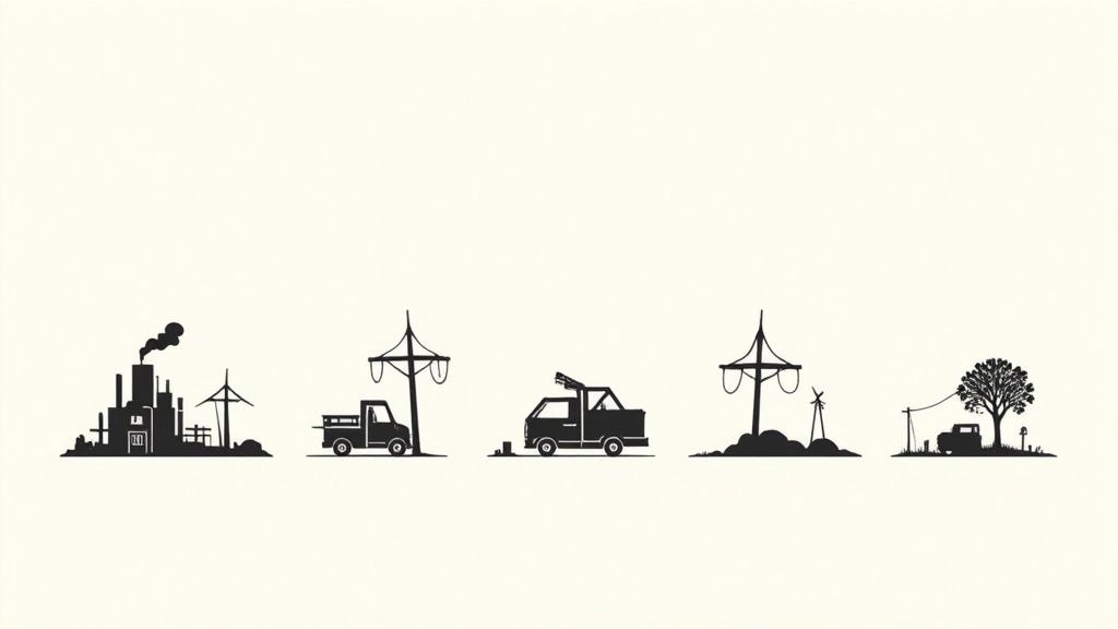 Ilustracja przedstawiająca źródła emisji CO2: fabryki, transport i transformację w kierunku energii odnawialnej z drzewami