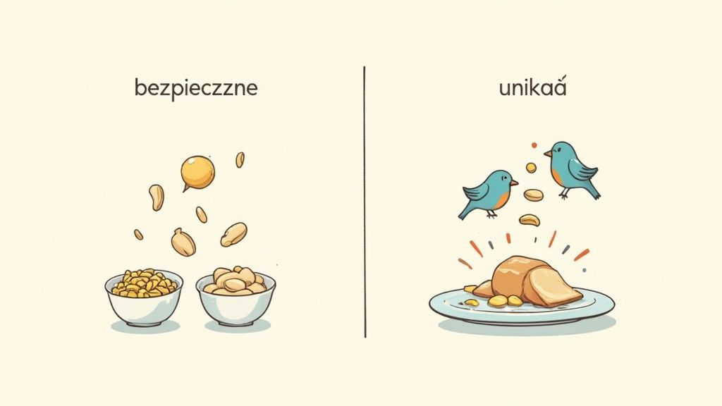 Ilustracja pokazująca bezpieczne (ziarna, orzechy) i szkodliwe (pieczywo) pokarmy dla ptaków.