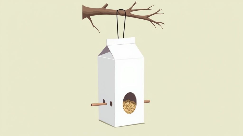Milk Carton Bird Feeder with Stick Perches