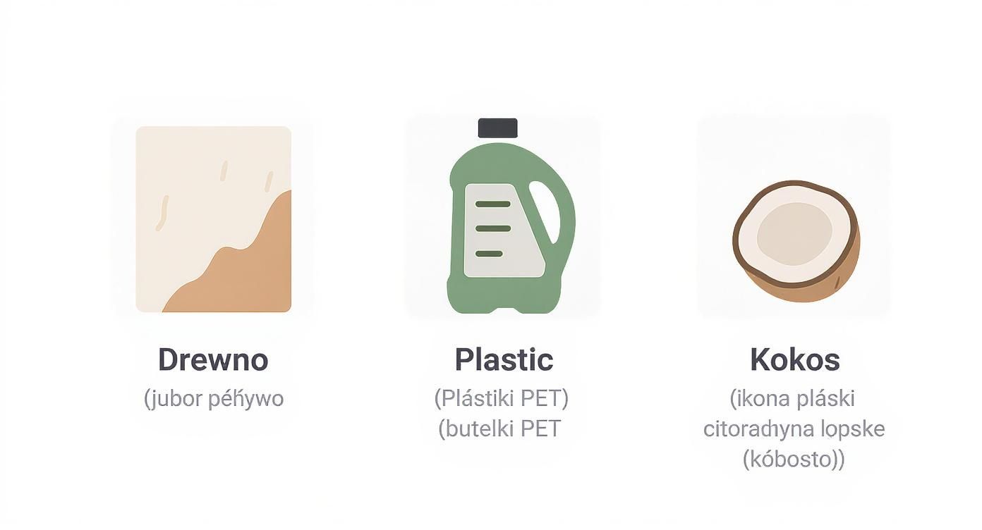 Trzy ikony przedstawiające różne materiały: drewno, plastik (butelki PET) i kokos, prawdopodobnie do recyklingu lub pochodzenia.