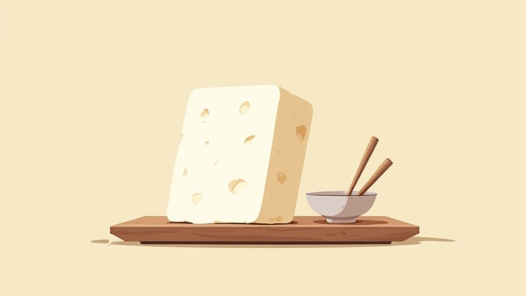 Duży blok sera z dziurami, mała miseczka z pałeczkami i drewniana deska na jasnym tle.