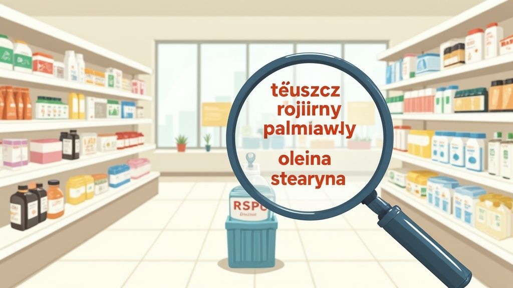 Lupa w sklepie spożywczym powiększa nazwy składników: tłuszcz palmowy, oleina, stearyna. Szukaj ukrytego oleju palmowego.