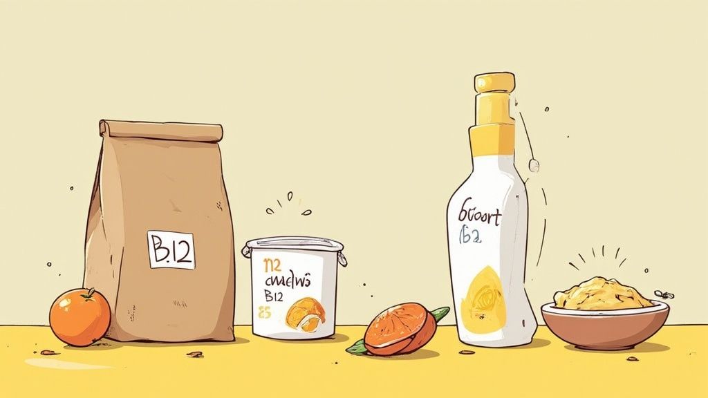 Rysunek przedstawiający produkty i suplementy z witaminą B12 oraz świeże pomarańcze na stole.