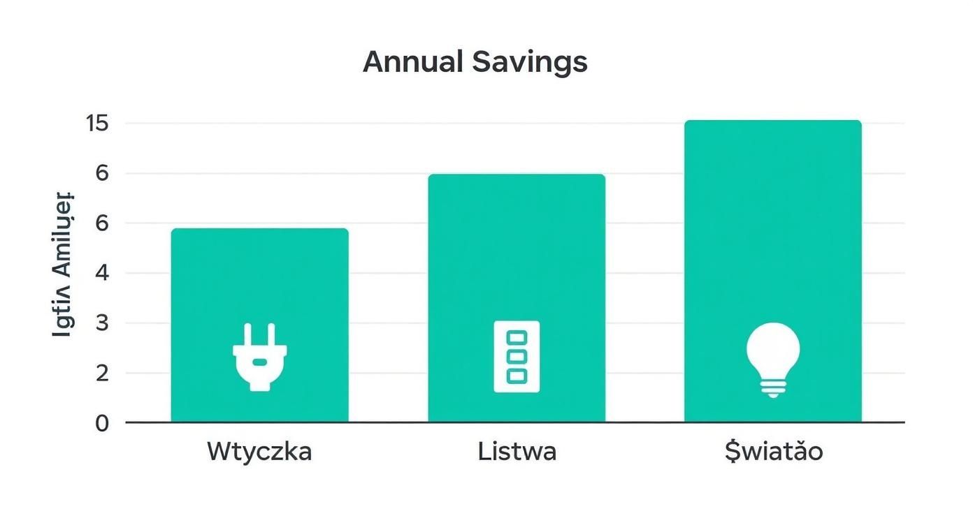 Infografika przedstawiająca roczne oszczędności dzięki wyłączaniu urządzeń, używaniu listew zasilających i gaszeniu światła