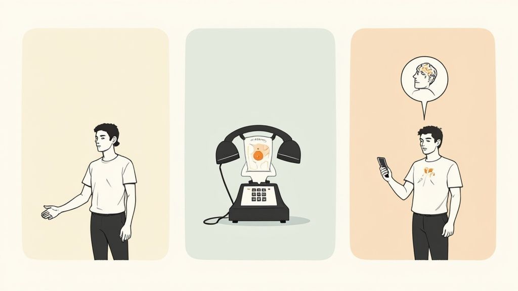 Ilustracja przedstawiająca sekwencję: mężczyzna wyciągający rękę, telefon z narządami, mężczyzna ze smartfonem myślący o mózgu.