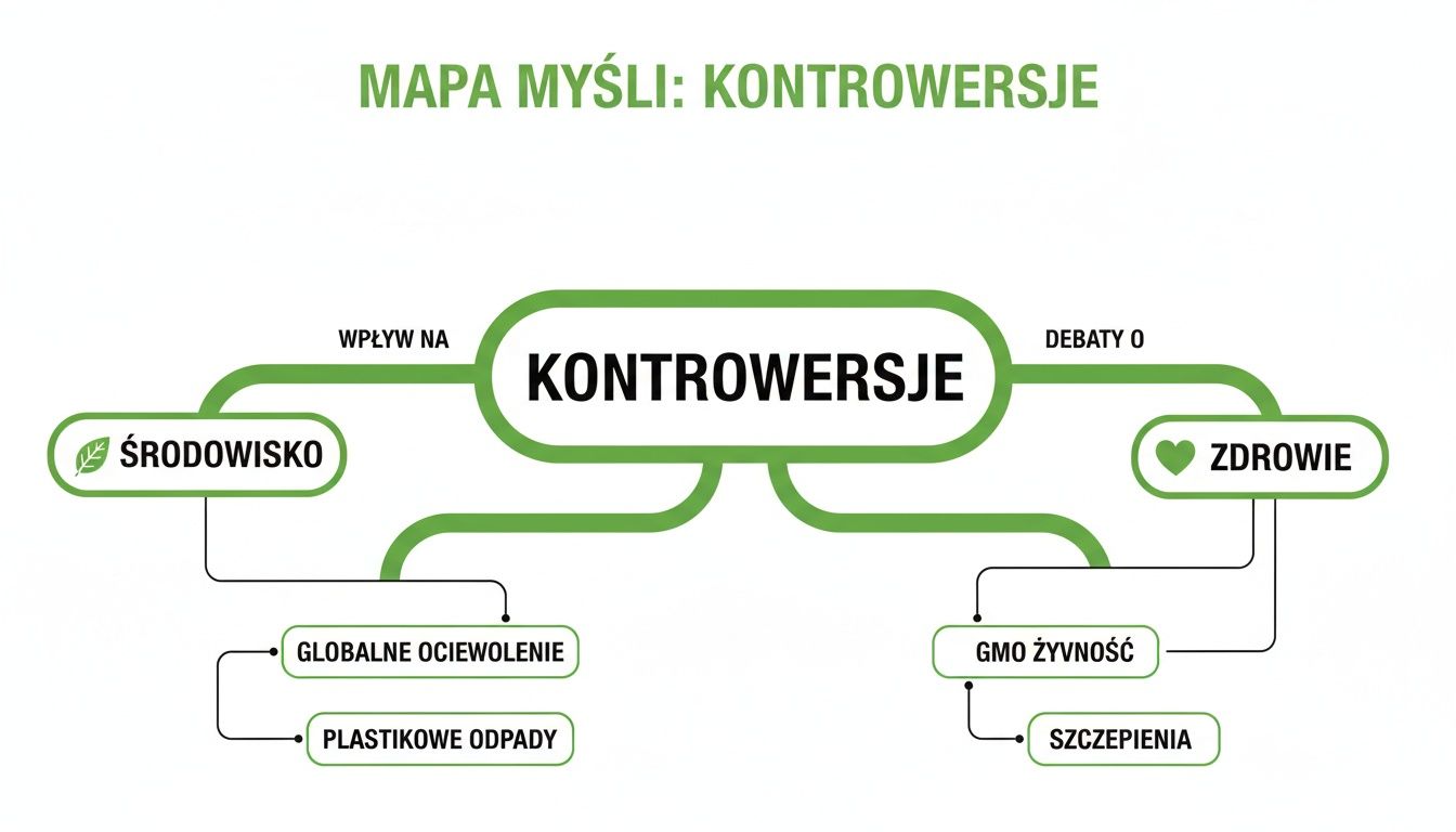 Mapa myśli prezentująca kontrowersje dotyczące środowiska (globalne ocieplenie, odpady plastikowe) oraz zdrowia (żywność GMO, szczepienia).