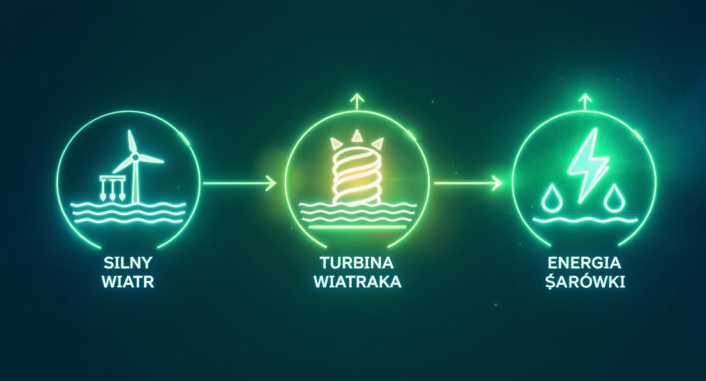 Diagram przedstawiający proces wytwarzania energii elektrycznej z silnego wiatru morskiego przez turbinę wiatrową.