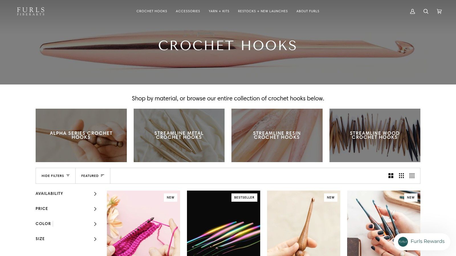 Furls Crochet website showing their luxury hooks