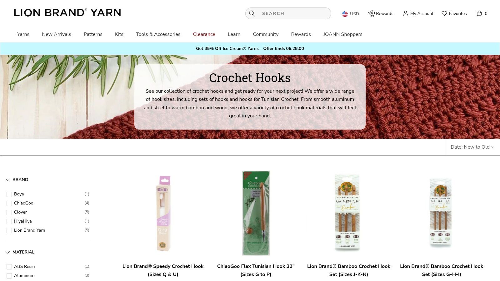 Lion Brand Yarn website showing a search for crochet hooks