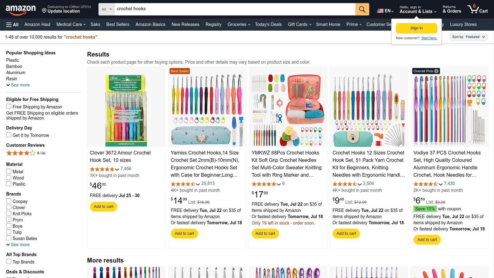 Amazon website showing a search for crochet hooks