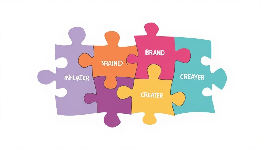 Several people sitting around a table, brainstorming and planning a social media collaboration.