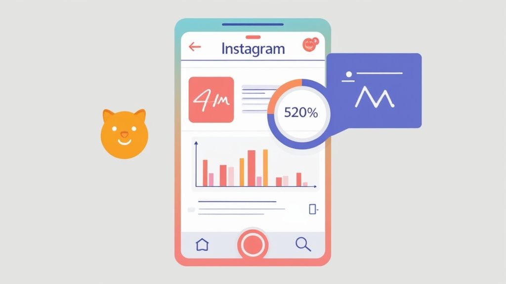 A smartphone displaying Instagram's analytics dashboard with charts and graphs.