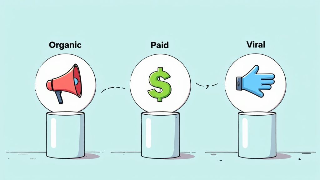 Three distinct icons representing organic, paid, and viral reach, connected to a central social media icon.