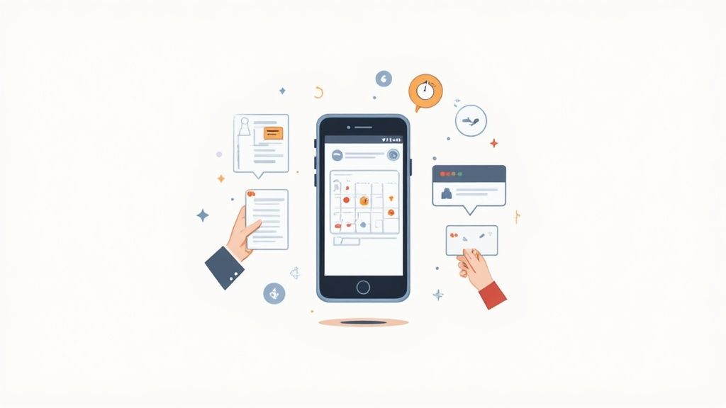 A person's hands using a laptop and phone with social media app icons, planning a schedule.