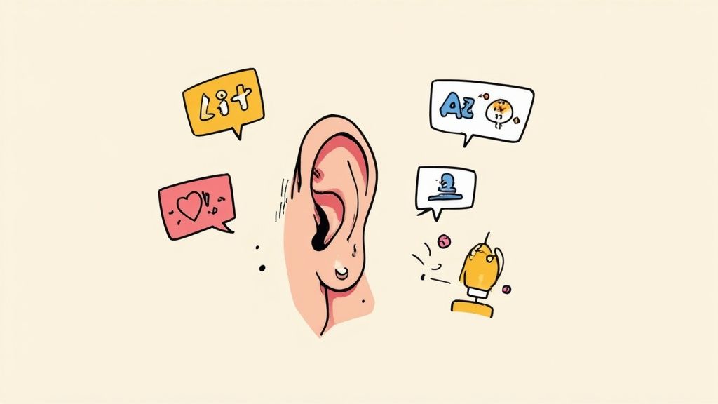 A graphic illustrating the concept of social listening, with a central brand icon surrounded by icons representing customer feedback, trends, and competitor mentions, symbolizing the act of monitoring digital conversations.