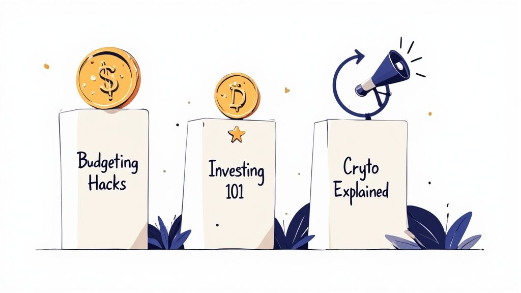 A creative team brainstorming around a whiteboard covered in colorful sticky notes representing content pillars.